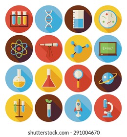 Flat Science and Education Circle Icons Set with long Shadow. Flat Style Vector Illustrations. Back to School. Collection of Chemistry Biology Physics Astronomy and Research Circle Icons