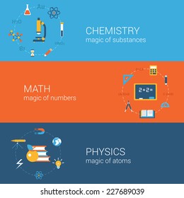 Flat science education concept icon banners template set. Chemistry, math, physics vector conceptual. Web illustration and website click infographics elements.