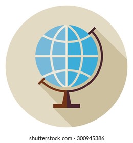 Flat Science and Education Geography World Globe Circle Icon with Long Shadow. Back to School Vector illustration. Lesson Object. World Travel