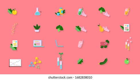 Flat Science and Education Objects Set with Shadow. Flat Style Vector Illustrations. Healthy eating. Collection of Chemistry Biology nutrition biotechnology pharmacy Icons