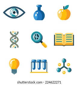 Flat science education research study web icons set isolated silhouettes flat vector illustration