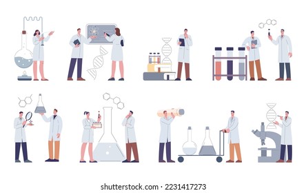 Flat science group characters. Chemist set, innovative scientist and professional biologist. Dna research medical workers. Cartoon kicky laboratory vector kit