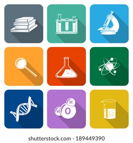 Flat science icons set with magnifier flask atom structure isolated vector illustration
