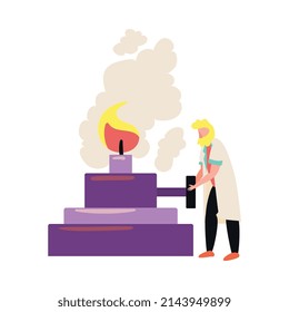 Flat science lab color icon with tiny scientist lighting spirit lamp vector illustration