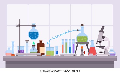 Flat science laboratory experiment with glass beakers and flask. Pharmaceutical research equipment on desk. Chemical lab test vector concept. Illustration of equipment chemical laboratory