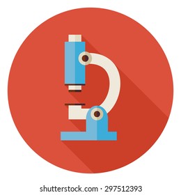 Flat Science and Medicine Laboratory Microscope Circle Icon with Long Shadow. Back to School and Education Vector illustration. Colorful Lab Technology Equipment. Biology Physics and Research Object.
