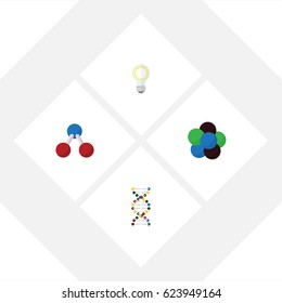Flat Science Set Of Lightbulb, Nuclear, Proton And Other Vector Objects. Also Includes Molecule, Bulb, Helix Elements.