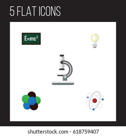 Flat Science Set Of Orbit, Glass, Proton And Other Vector Objects. Also Includes Theory, Optical, Bulb Elements.