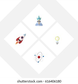 Flat Science Set Of Orbit, Spaceship, Lightbulb And Other Vector Objects. Also Includes Rocket, Bulb, Burner Elements.