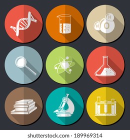 Flat science symbols set with dna structure magnifier books isolated vector illustration