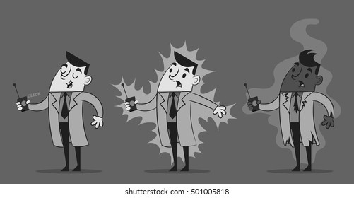 Flat Scientist. Failed Experiment. Old Cartoon Style. Vector Illustration