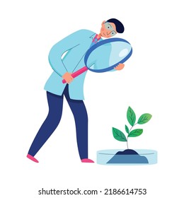 Flat scientist looking at green plant in petri dish through magnifying glass in science laboratory vector illustration