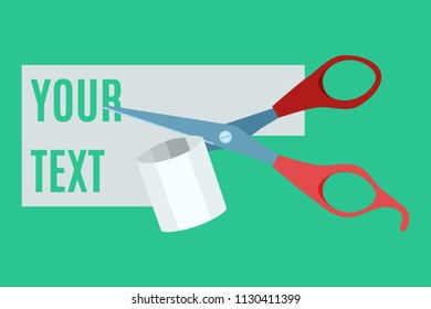 Flat scissors cut paper on a green background