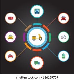 Flat Scooter, Metro, Car And Other Vector Elements. Set Of Machine Flat Symbols Also Includes Car, Train, Automobile Objects.