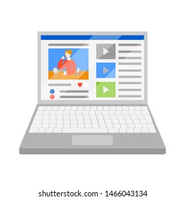 Flat screen computer monitor with beauty blogger on video site. Make up tutorial and cosmetic review on laptop display vector illustration