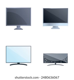 Iconos de pantalla plana Vector de dibujos animados. Pantalla de monitor de televisión y computadora. Tecnología de medios moderna