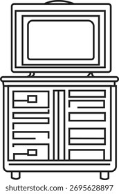 Pantalla plana de televisión en un gabinete de madera con el icono del Vector del arte de la línea de cajones