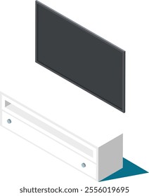 Flat screen television displaying a blank screen, mounted on the wall above a sleek white entertainment center with drawers, presented in isometric projection