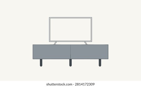 Flat screen television displaying a blank screen positioned on a modern grey minimalist media console.