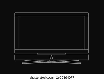 Televisión de pantalla plana en estilo de contorno monobloque, aislado sobre fondo negro. El dibujo de líneas resalta las dimensiones precisas de la pantalla con bordes limpios. Ilustración vectorial simple pero detallada adecuada.