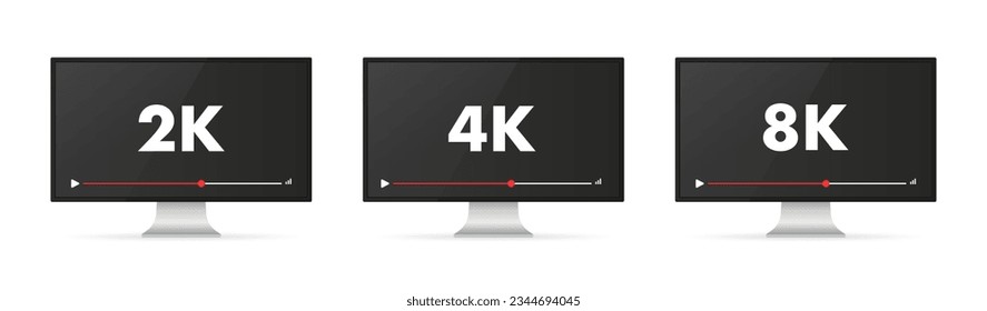 Flat screen TV with 2k, 4k, 8k Ultra HD video technology vector icon, led television display with high definition digital technology symbol. Idea of wide screen computer monitor. Vector illustration