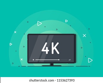 Flat screen tv with 4k Ultra HD video technology. LED television display on green background with high definition digital tech symbol. Vector Illustration.