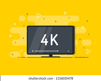 Flat screen tv with 4k Ultra HD video technology. LED television display on yellow background with high definition digital tech symbol. Vector Illustration.