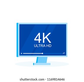 Flat screen tv with 4k Ultra HD video technology, led television display with high definition digital tech symbol. Modern flat style vector illustration.