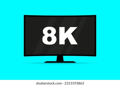 Flat screen tv with 8k Ultra HD video technology. Digital wide television concept. Led television display with high definition digital tech symbol.  Idea of wide screen computer monitor svg
