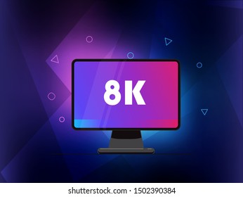 Flat screen tv with 8K  video technology.
LED television display on modern background with high definition digital tech symbol.
Vector Illustration.