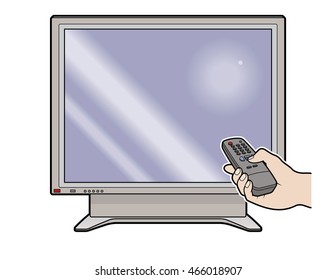 Flat screen TV (blank screen) with hand holding a remote control in front of it, vector illustration.