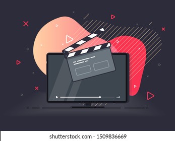 Flat screen tv with clapper board icon. Trendy flat vector on fluid background. Vector Illustration.