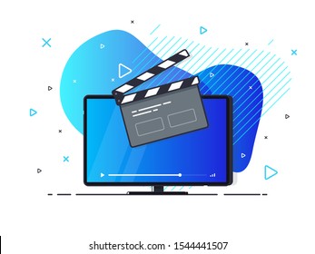 Flat screen tv with clapper board icon. Trendy flat vector on liquid background. Vector Illustration.