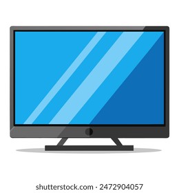 A flat screen TV displaying a blue screen, set against a white backdrop