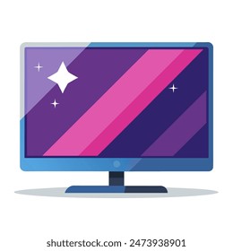 A flat screen TV displaying a blue screen, set against a white backdrop