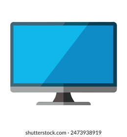 A flat screen TV displaying a blue screen, set against a white backdrop