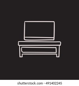 Flat screen tv on modern tv stand vector sketch icon isolated on background. Hand drawn Flat screen tv on tv stand icon. Flat screen tv on modern tv stand sketch icon for infographic, website or app.