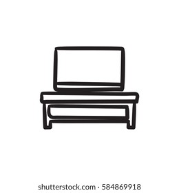 Flat screen tv on modern tv stand vector sketch icon isolated on background. Hand drawn Flat screen tv on tv stand icon.