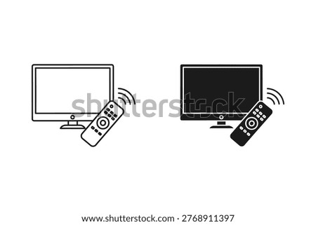 A flat screen TV with a remote control is depicted in both outline and solid fill styles. This graphic is ideal for technology, entertainment, or media-related concepts.