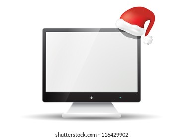 Flat screen tv with santa claus hat isolated on white background