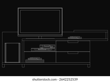 A flat screen TV sits a top a wooden cabinet with drawers, surrounded by scattered objects in a black and white sketch. The dark background enhances the mysterious atmosphere, creating a moody.