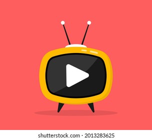 Flat screen tv vector illustration. Live stream icon with play button. Television box for news and show translation. TV with antenna. Flat vector logo.