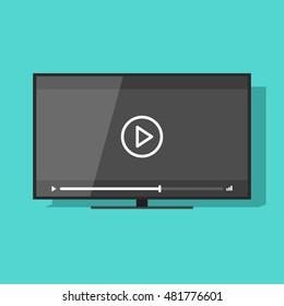 Flat screen tv with video player button vector illustration, concept of movie watching, television online cinema, theater, digital entertainment, video streaming technology