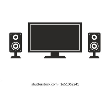 Flat screen Ultra HD TV and speakers icon. Vector icon isolated on white background.