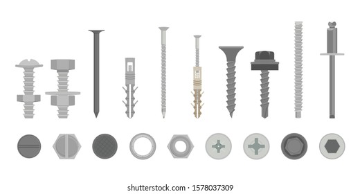 Flat screw construction hardware set side and from above view. Cartoon silver metallic fasteners, bolts, washer, nut, rivet, screw-bolt, rawl plug. Equipment and tools assortment. Vector illustration