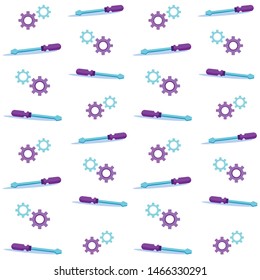Flat Screwdriver and Gear Wheels Seamless Pattern. Cartoon Repeated Mechanical Tools Illustration on White. Vector Endless Wallpaper. Technical Support, Maintenance and Repair Service Topic