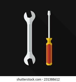 Flat screwdriver, wrench with long shadow. Vector icon, illustration. Modern design