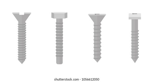 Flat screws and bolts icon set, collection . Vector illustration of metallic fixing elements.