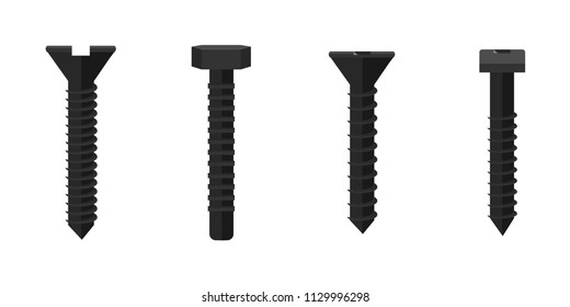 Flat screws and bolts icon set, collection . Vector illustration of metallic fixing elements.