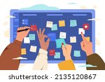 Flat scrum task board with hands of team members and color paper stickers. Group of software developers create work project schedule with sticky notes. Teamwork development, sprint planning concept.